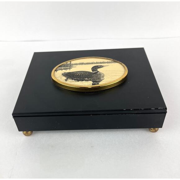 Vintage Barlow Loon Duck Scrimshaw Style Etching Medallion on Black Metal Box - Picture 1 of 8